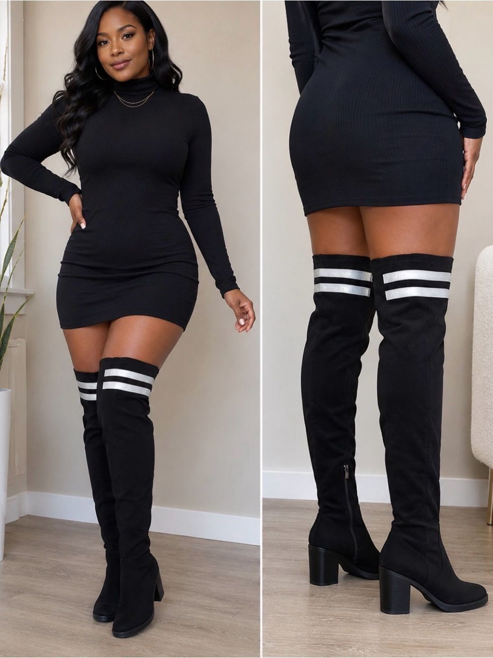 Lust For life Over-the-Knee Black Fabric Block Heel Boots white Stripes SZ9M